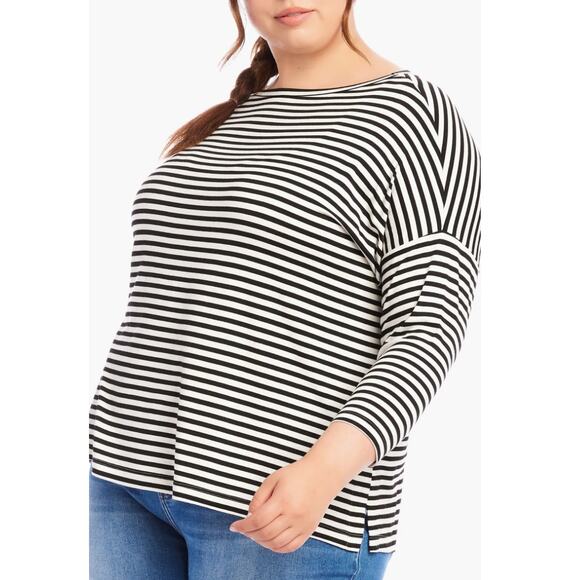 Karen Kane Boat Neck Striped Top 3/4 Sleeve Shirt | Plus 3x, Black White NEW $98 - Picture 2 of 5